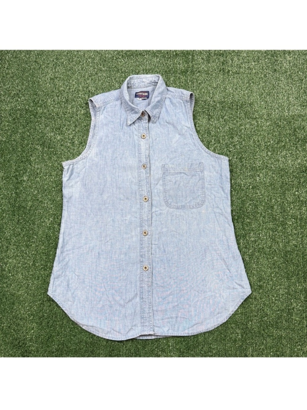 Vintage 90s Guess Sleeveless Button Up Shirt Women's Size M Blue Denim Casual